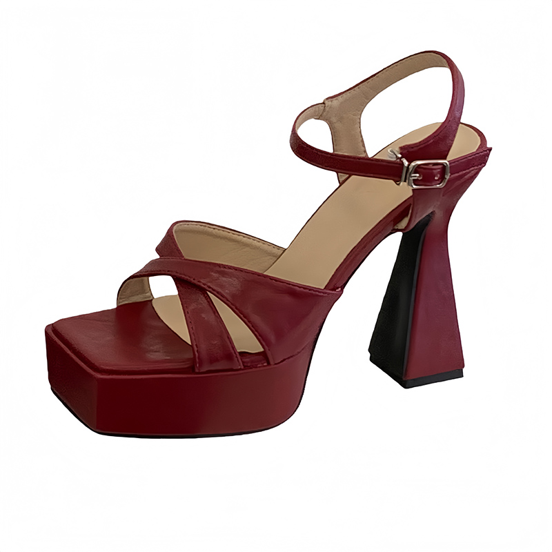 Crossfit Ladies - 12cm High Heels Sandals Burgundy Chunky